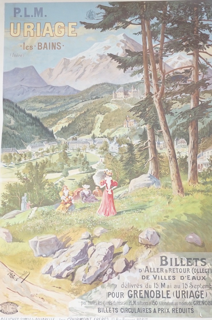 A late 19th century French poster 'Uriage les Bains PLM' by Henri Ganier Tanconville, with overlaid text at the base, 114 x 80cm. linen backed, unframed